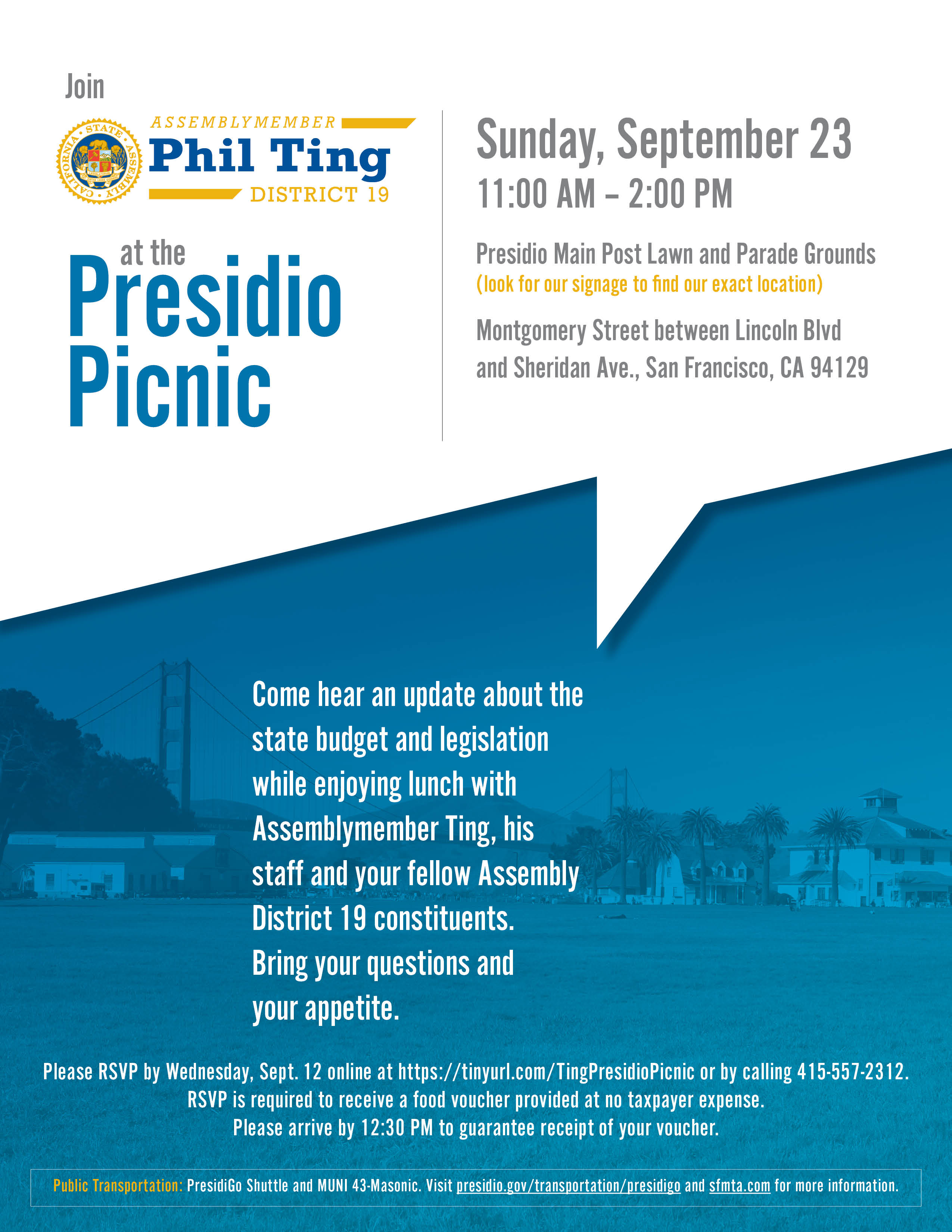 Assemblyman Ting hosts lunch at the Presidio graphic flyer