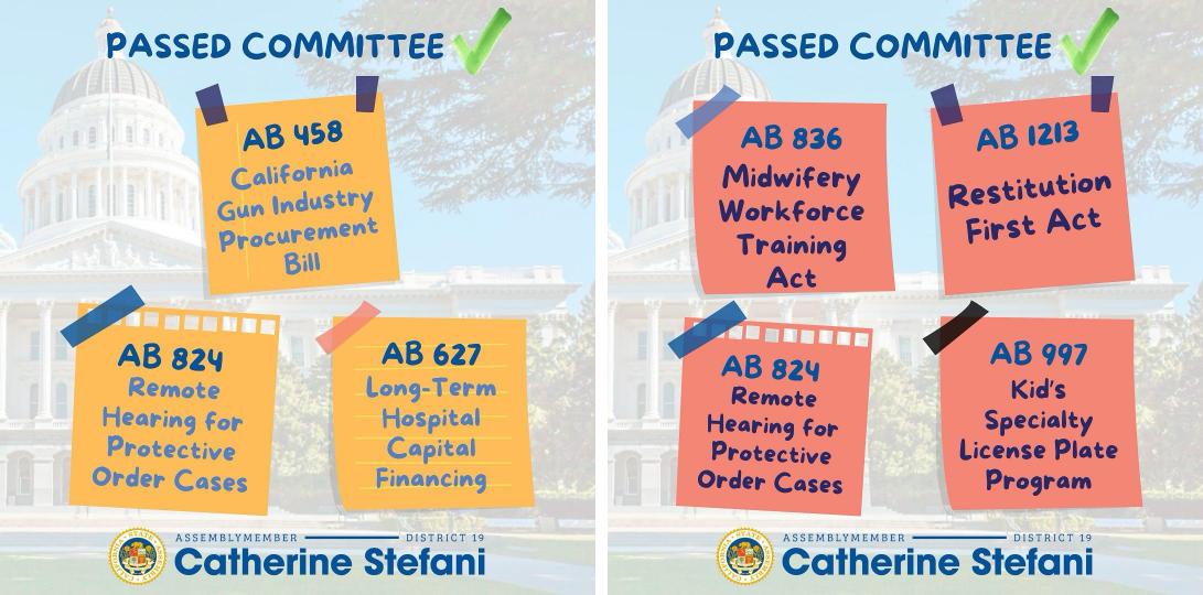 Asm. Stefani Passed Bills through Committee Graphic