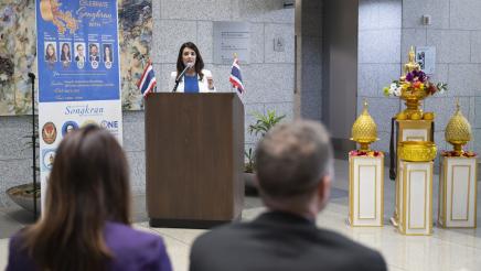 Asm. Stefani speaking at Songkran Celebration