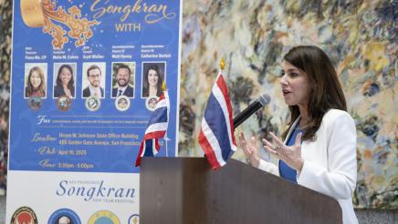 Asm. Stefani speaking at Songkran Celebration
